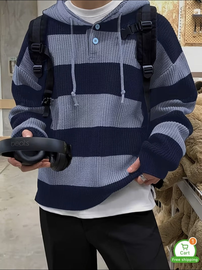 Autumn Winter Warm Striped New Versatile Casual Men's Knit Pullover Sweatshirt with Drawstring and Button Hood, Long Sleeve for Work, School, Dating, Commuting, Striped, Sporty Style, for Commute, Hooded..