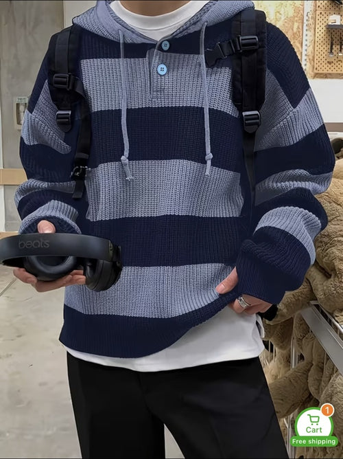 Autumn Winter Warm Striped New Versatile Casual Men's Knit Pullover Sweatshirt with Drawstring and Button Hood, Long Sleeve for Work, School, Dating, Commuting, Striped, Sporty Style, for Commute, Hooded..