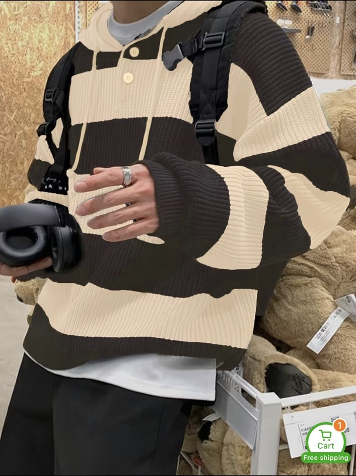 Autumn Winter Warm Striped New Versatile Casual Men's Knit Pullover Sweatshirt with Drawstring and Button Hood, Long Sleeve for Work, School, Dating, Commuting, Striped, Sporty Style, for Commute, Hooded..