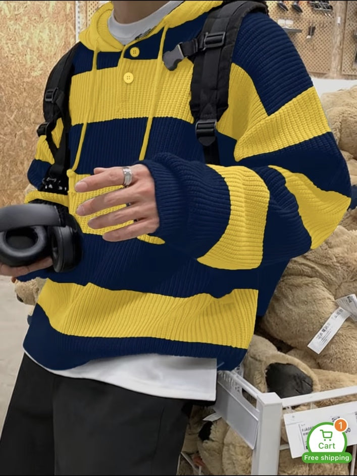 Autumn Winter Warm Striped New Versatile Casual Men's Knit Pullover Sweatshirt with Drawstring and Button Hood, Long Sleeve for Work, School, Dating, Commuting, Striped, Sporty Style, for Commute, Hooded..