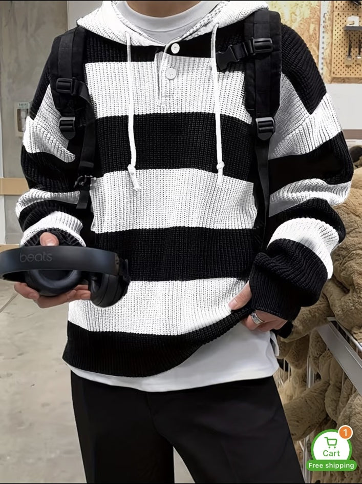 Autumn Winter Warm Striped New Versatile Casual Men's Knit Pullover Sweatshirt with Drawstring and Button Hood, Long Sleeve for Work, School, Dating, Commuting, Striped, Sporty Style, for Commute, Hooded..