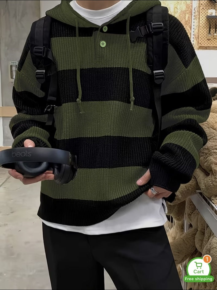 Autumn Winter Warm Striped New Versatile Casual Men's Knit Pullover Sweatshirt with Drawstring and Button Hood, Long Sleeve for Work, School, Dating, Commuting, Striped, Sporty Style, for Commute, Hooded..