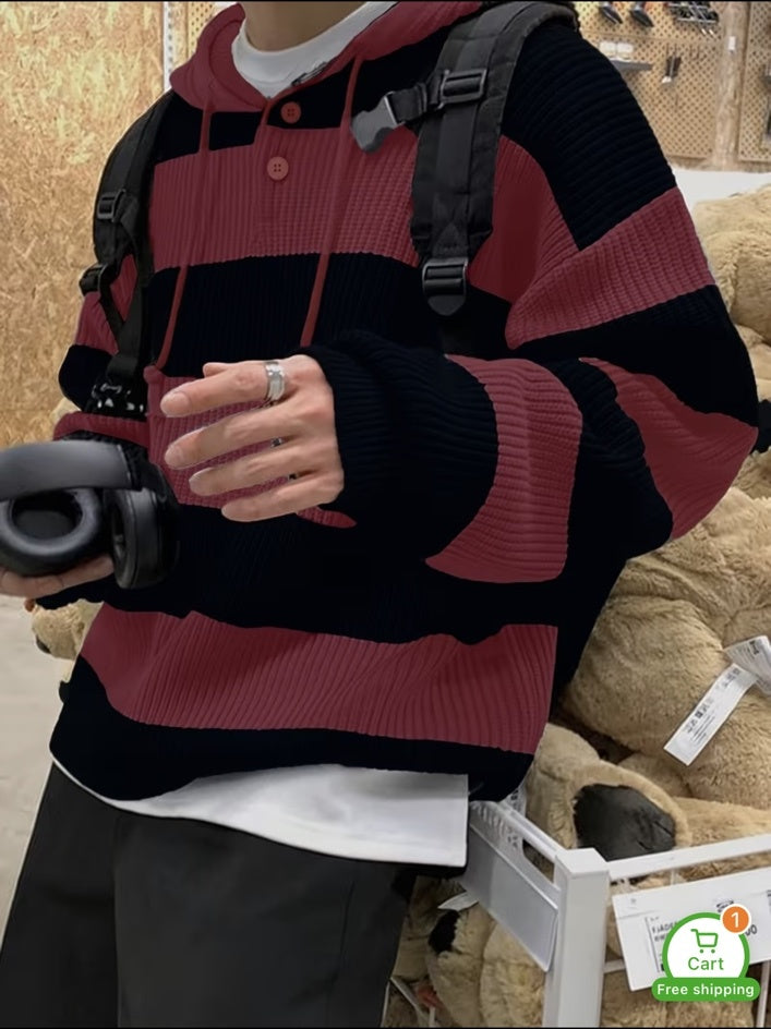 Autumn Winter Warm Striped New Versatile Casual Men's Knit Pullover Sweatshirt with Drawstring and Button Hood, Long Sleeve for Work, School, Dating, Commuting, Striped, Sporty Style, for Commute, Hooded..