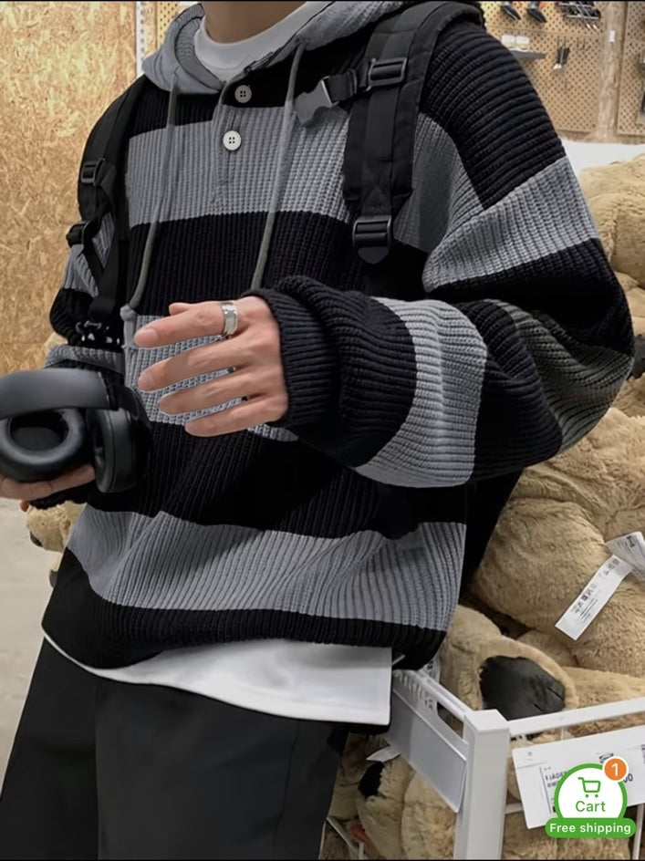 Autumn Winter Warm Striped New Versatile Casual Men's Knit Pullover Sweatshirt with Drawstring and Button Hood, Long Sleeve for Work, School, Dating, Commuting, Striped, Sporty Style, for Commute, Hooded..