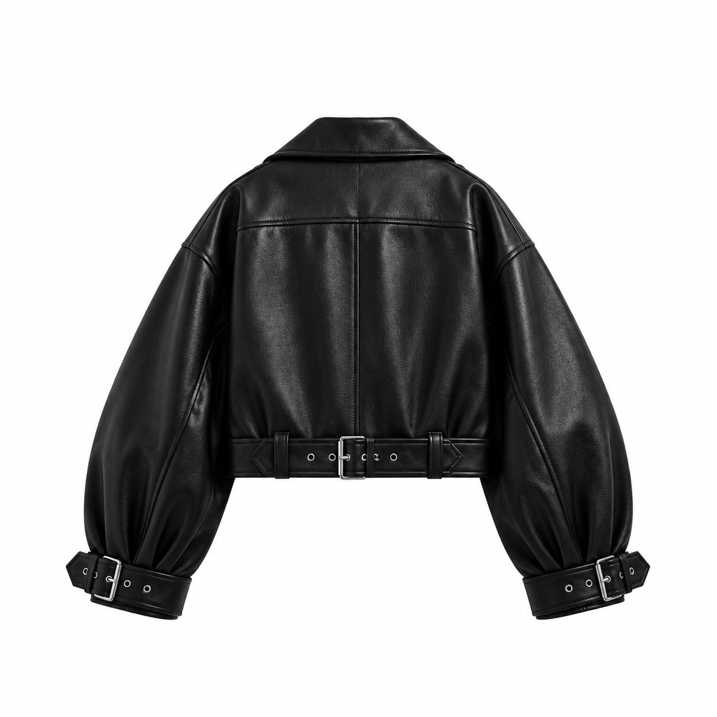 Women’s Black Cropped Leather Jacket – Stylish Casual Fit